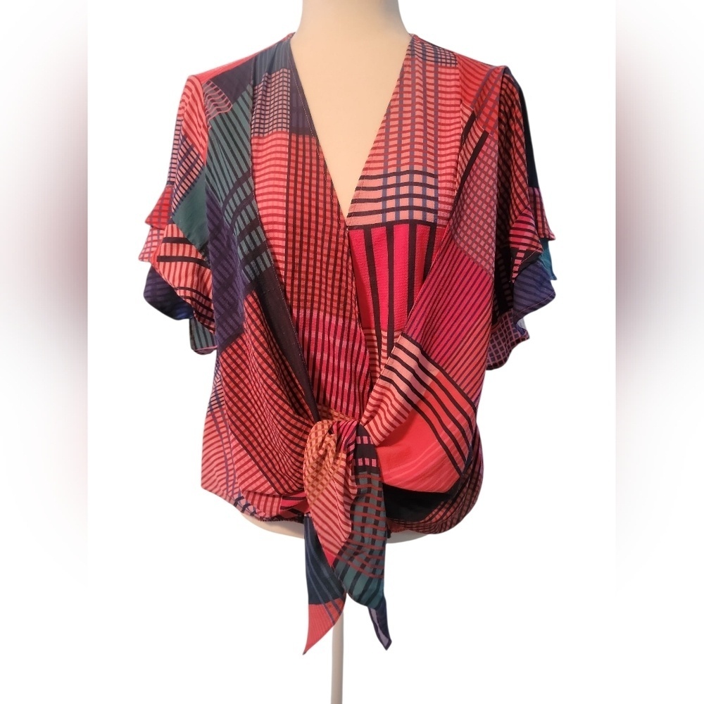 Umgee Red and Black Checkered Tie-Front Blouse